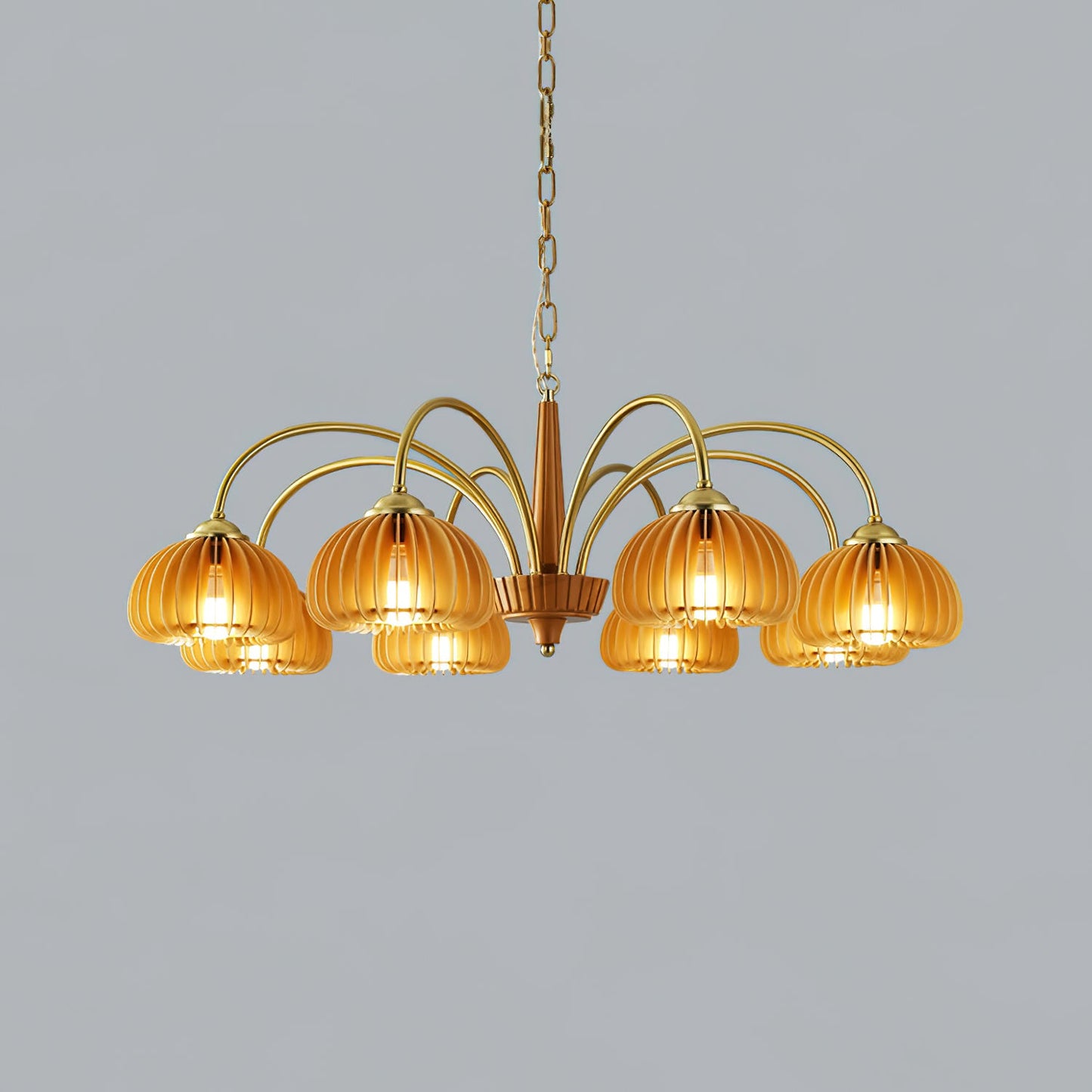 Émilie Wooden Chandelier, Ribbed Pumpkin-Inspired Shades with Metal Frame