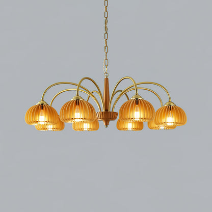 Émilie Wooden Chandelier, Ribbed Pumpkin-Inspired Shades with Metal Frame