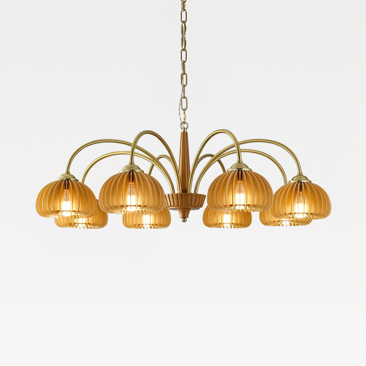 Émilie Wooden Chandelier, Ribbed Pumpkin-Inspired Shades with Metal Frame