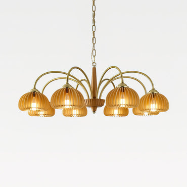 Émilie Wooden Chandelier, Ribbed Pumpkin-Inspired Shades with Metal Frame