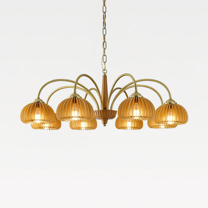 Émilie Wooden Chandelier, Ribbed Pumpkin-Inspired Shades with Metal Frame
