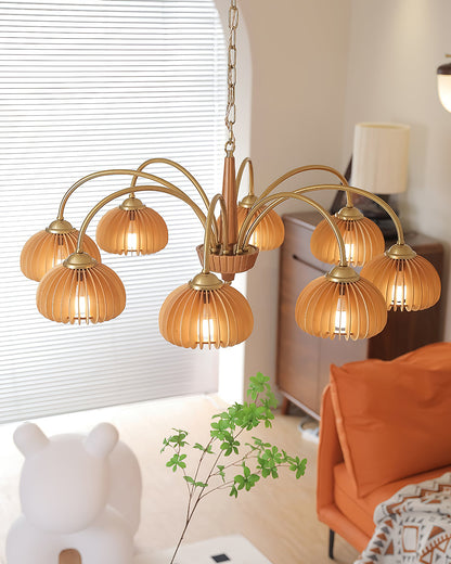 Émilie Wooden Chandelier, Ribbed Pumpkin-Inspired Shades with Metal Frame