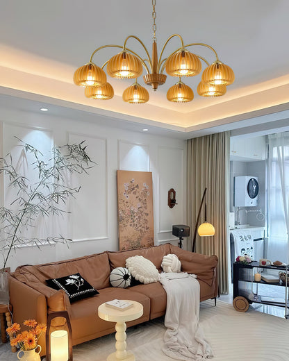 Émilie Wooden Chandelier, Ribbed Pumpkin-Inspired Shades with Metal Frame