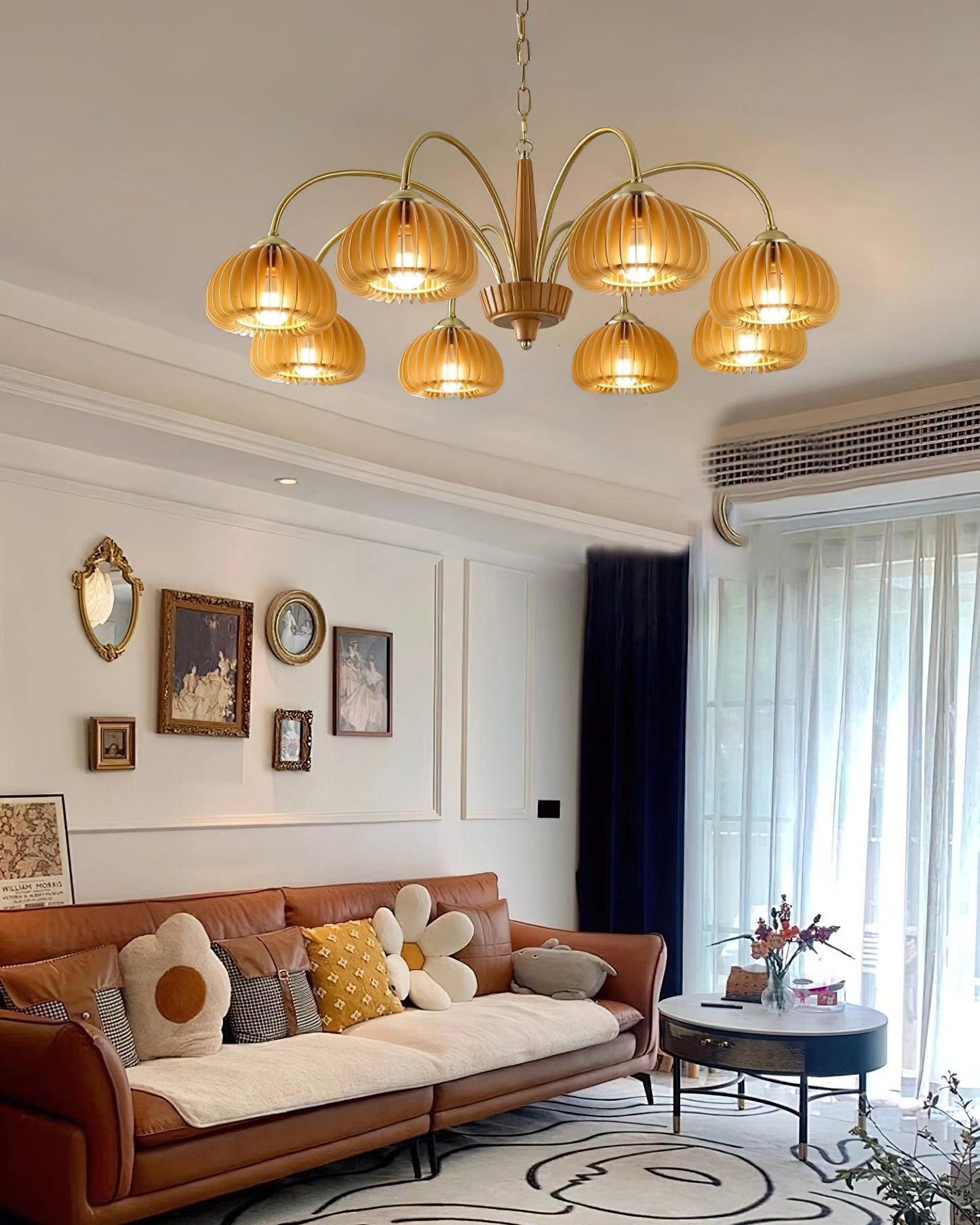 Émilie Wooden Chandelier, Ribbed Pumpkin-Inspired Shades with Metal Frame