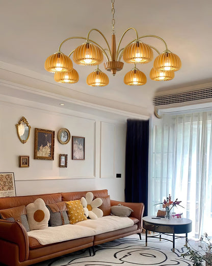 Émilie Wooden Chandelier, Ribbed Pumpkin-Inspired Shades with Metal Frame