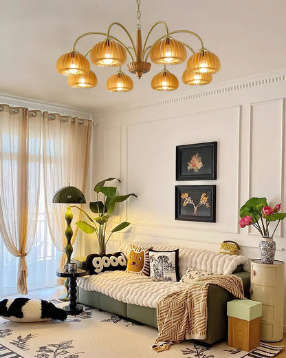 Émilie Wooden Chandelier, Ribbed Pumpkin-Inspired Shades with Metal Frame