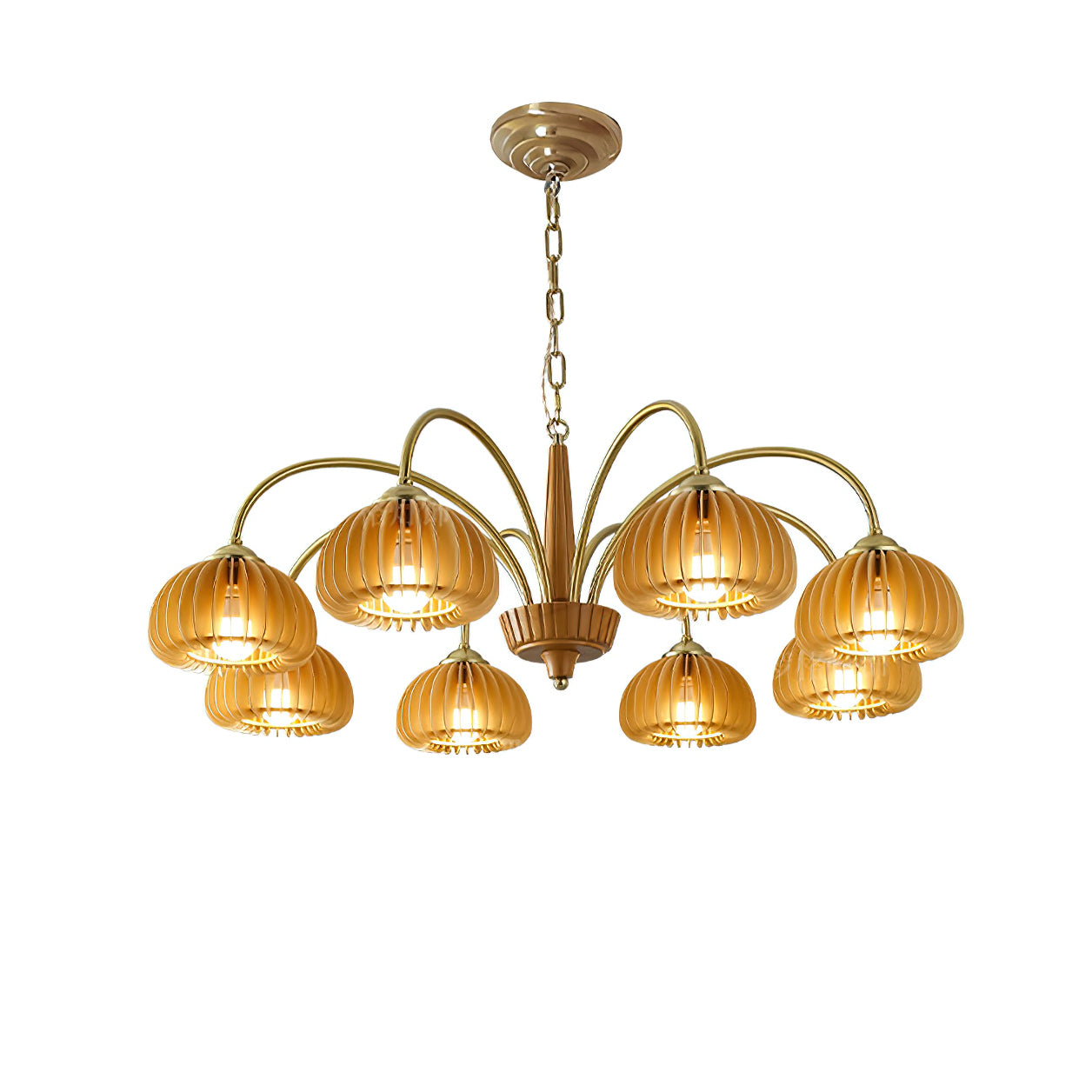 Émilie Wooden Chandelier, Ribbed Pumpkin-Inspired Shades with Metal Frame