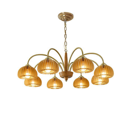 Émilie Wooden Chandelier, Ribbed Pumpkin-Inspired Shades with Metal Frame