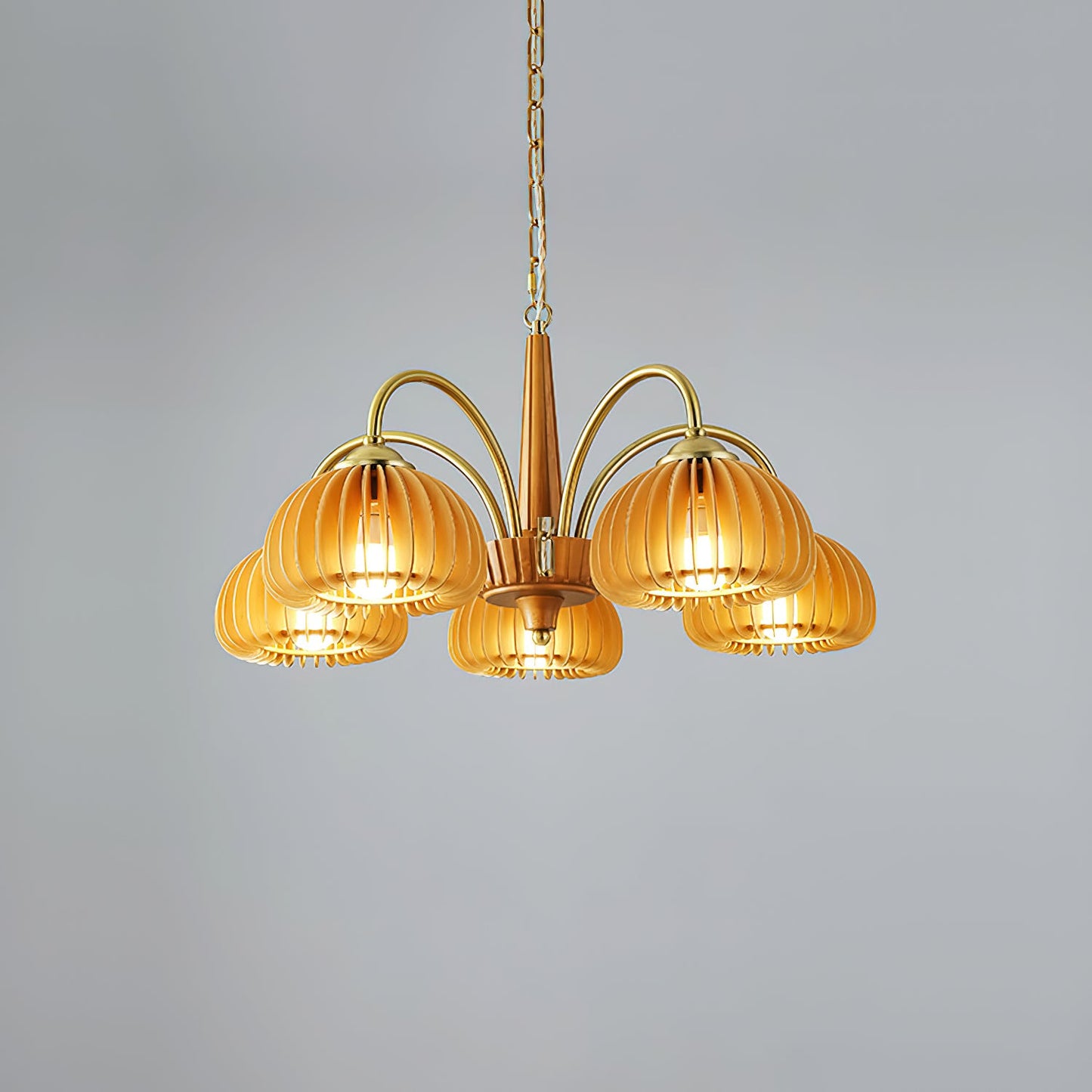 Émilie Wooden Chandelier, Ribbed Pumpkin-Inspired Shades with Metal Frame