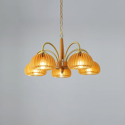 Émilie Wooden Chandelier, Ribbed Pumpkin-Inspired Shades with Metal Frame