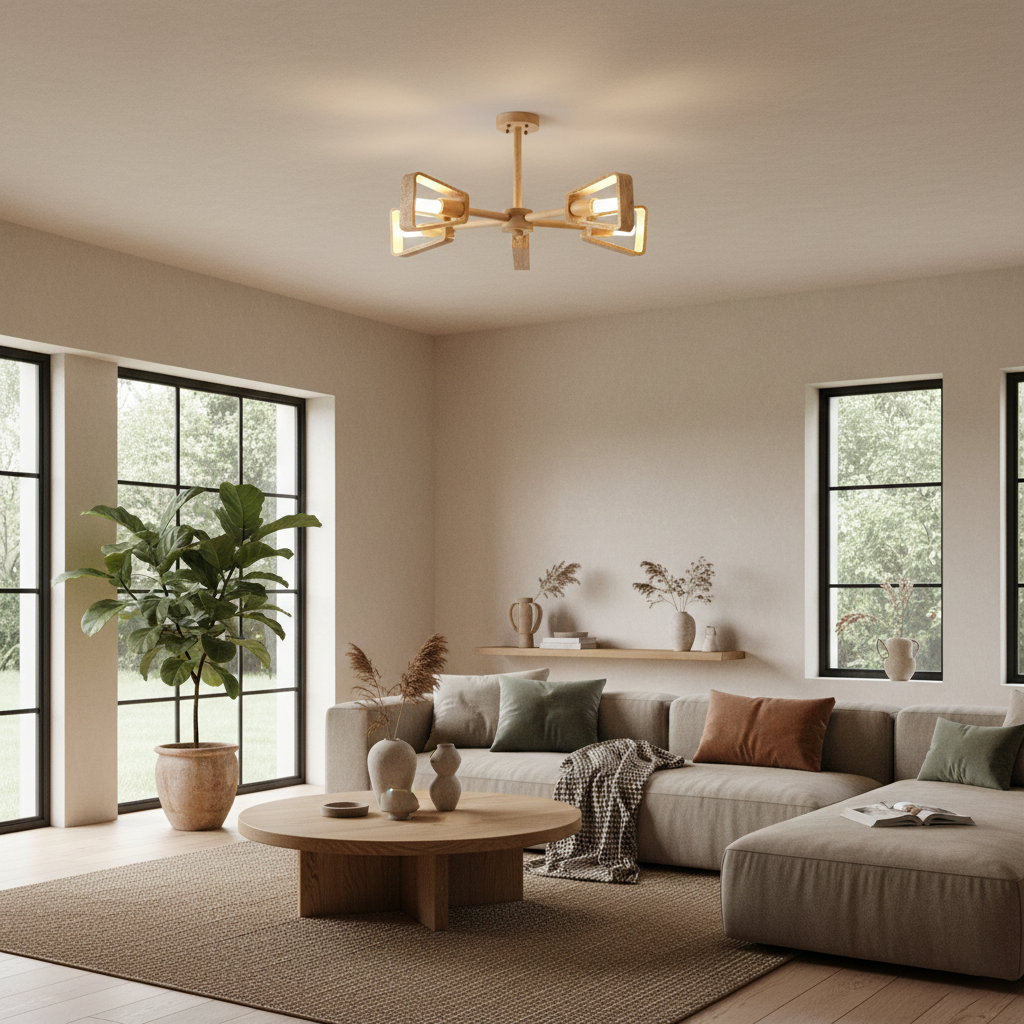 Elodie Stone Chandelier, Travertine Shades with Wooden Frame