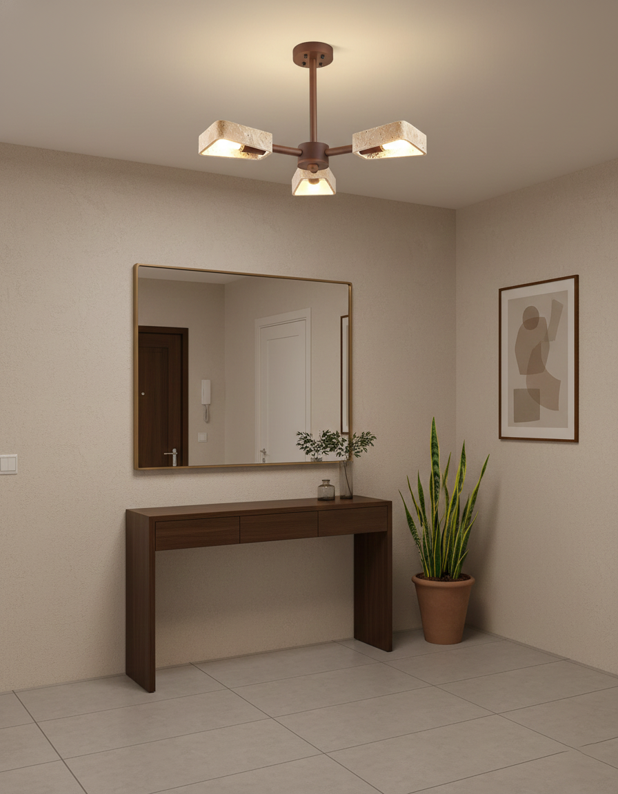 Elodie Stone Chandelier, Travertine Shades with Wooden Frame