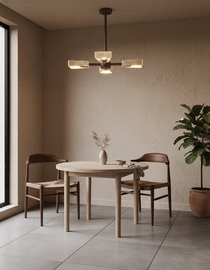 Elodie Stone Chandelier, Travertine Shades with Wooden Frame