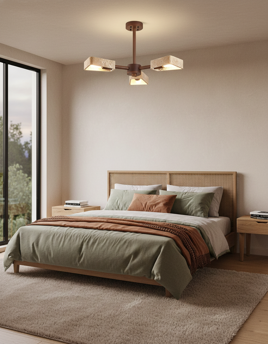 Elodie Stone Chandelier, Travertine Shades with Wooden Frame