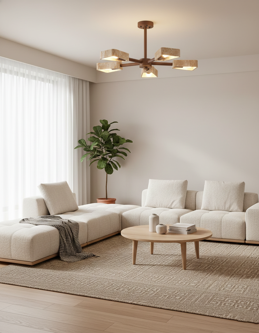 Elodie Stone Chandelier, Travertine Shades with Wooden Frame