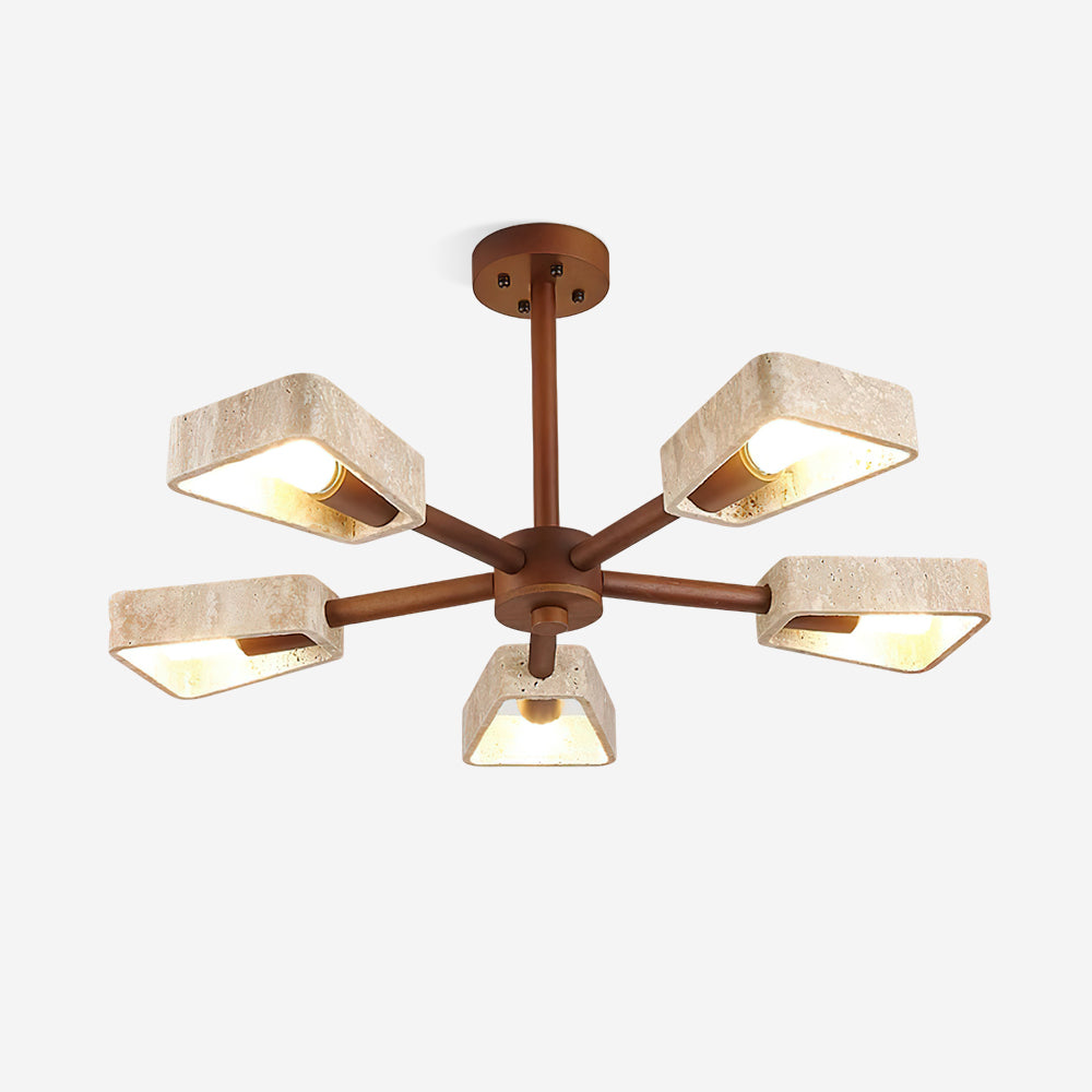 Elodie Stone Chandelier, Travertine Shades with Wooden Frame