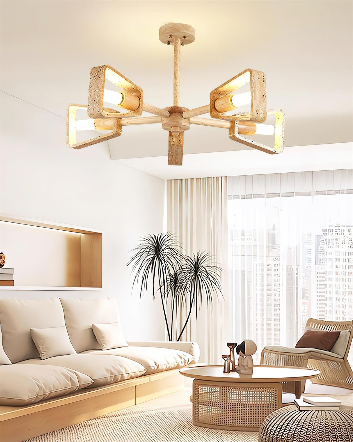 Elodie Stone Chandelier, Travertine Shades with Wooden Frame