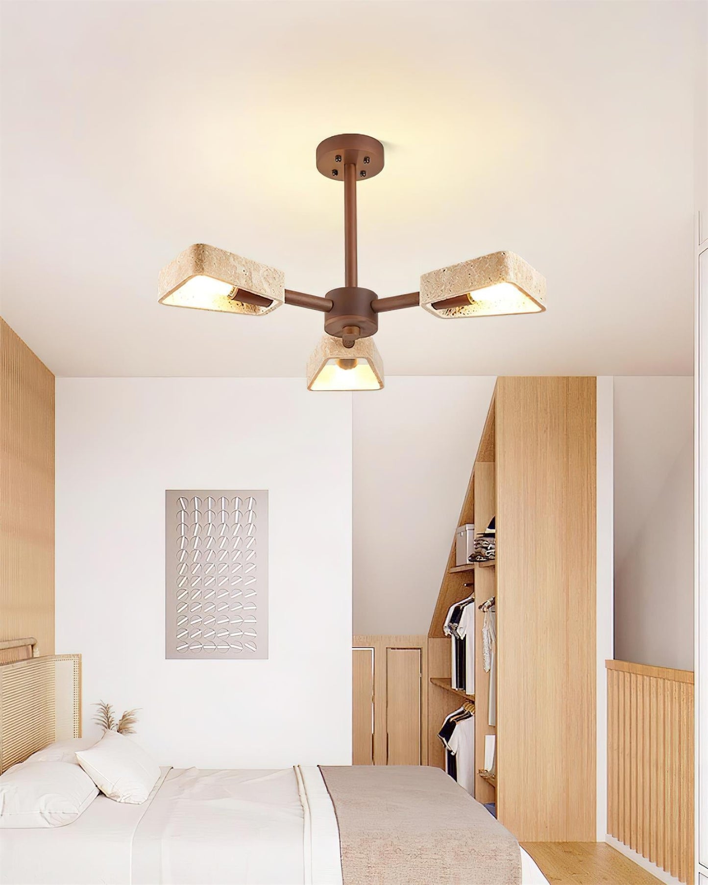 Elodie Stone Chandelier, Travertine Shades with Wooden Frame