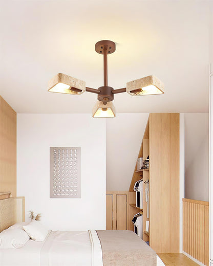 Elodie Stone Chandelier, Travertine Shades with Wooden Frame