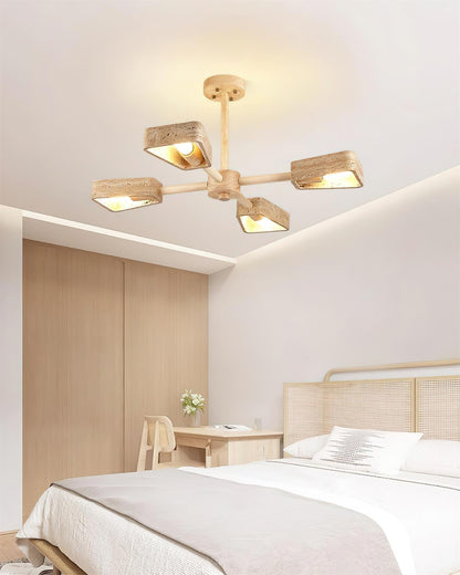 Elodie Stone Chandelier, Travertine Shades with Wooden Frame