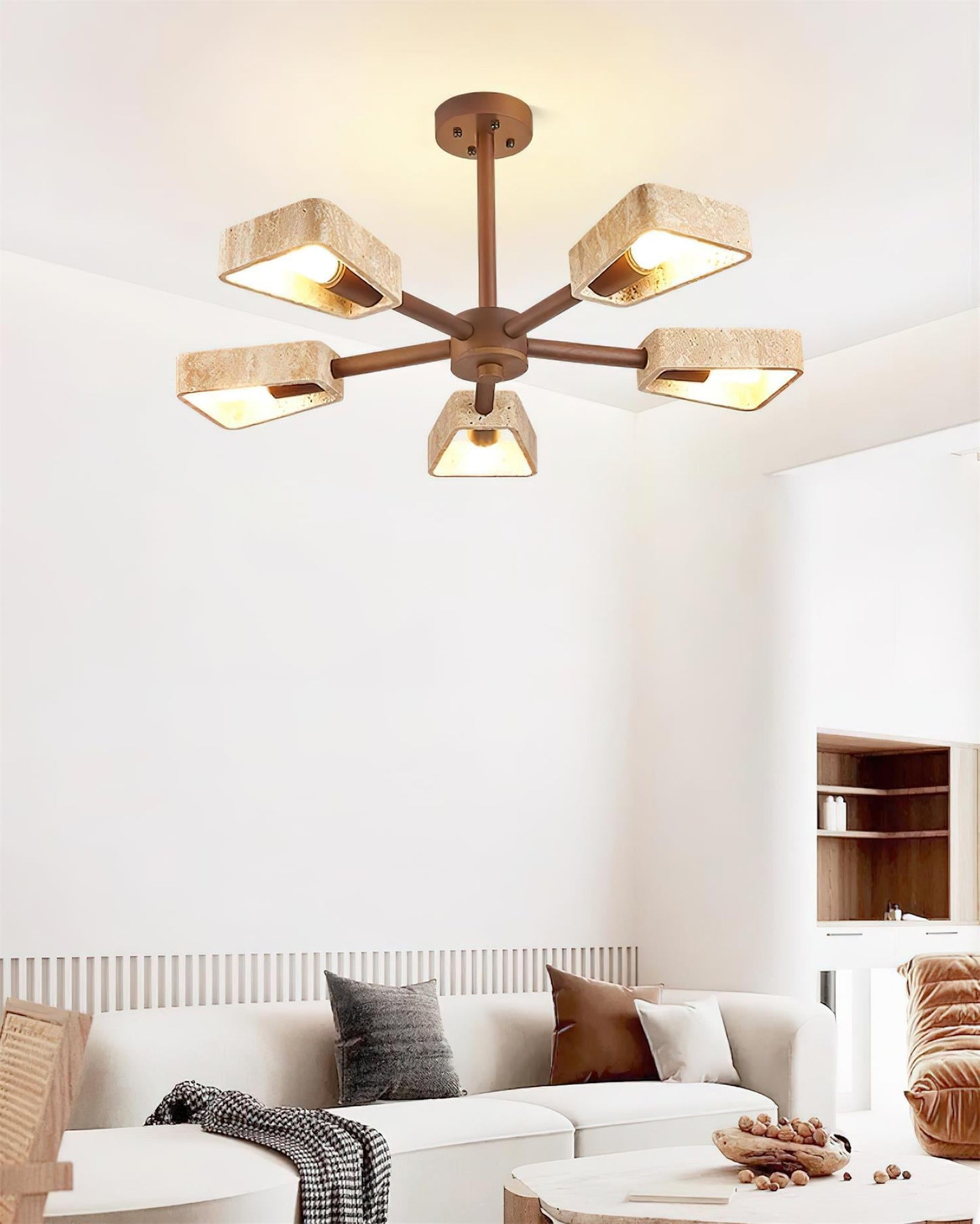 Elodie Stone Chandelier, Travertine Shades with Wooden Frame