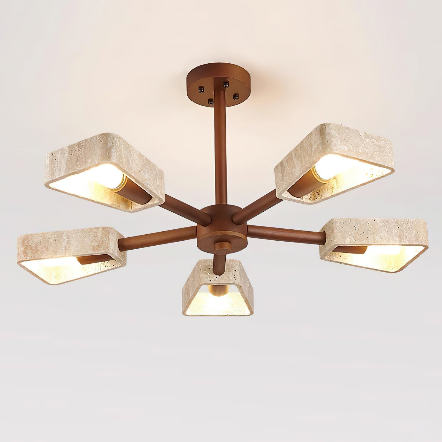 Elodie Stone Chandelier, Travertine Shades with Wooden Frame