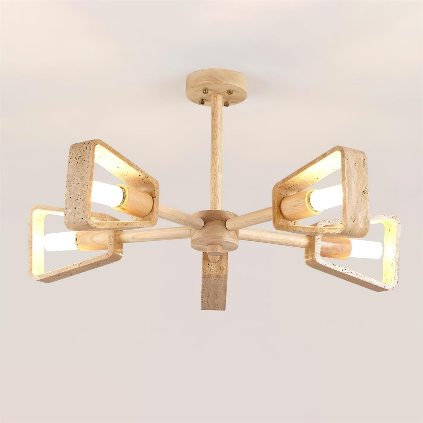 Elodie Stone Chandelier, Travertine Shades with Wooden Frame