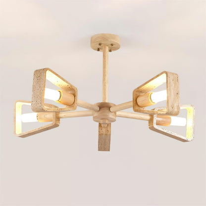 Elodie Stone Chandelier, Travertine Shades with Wooden Frame