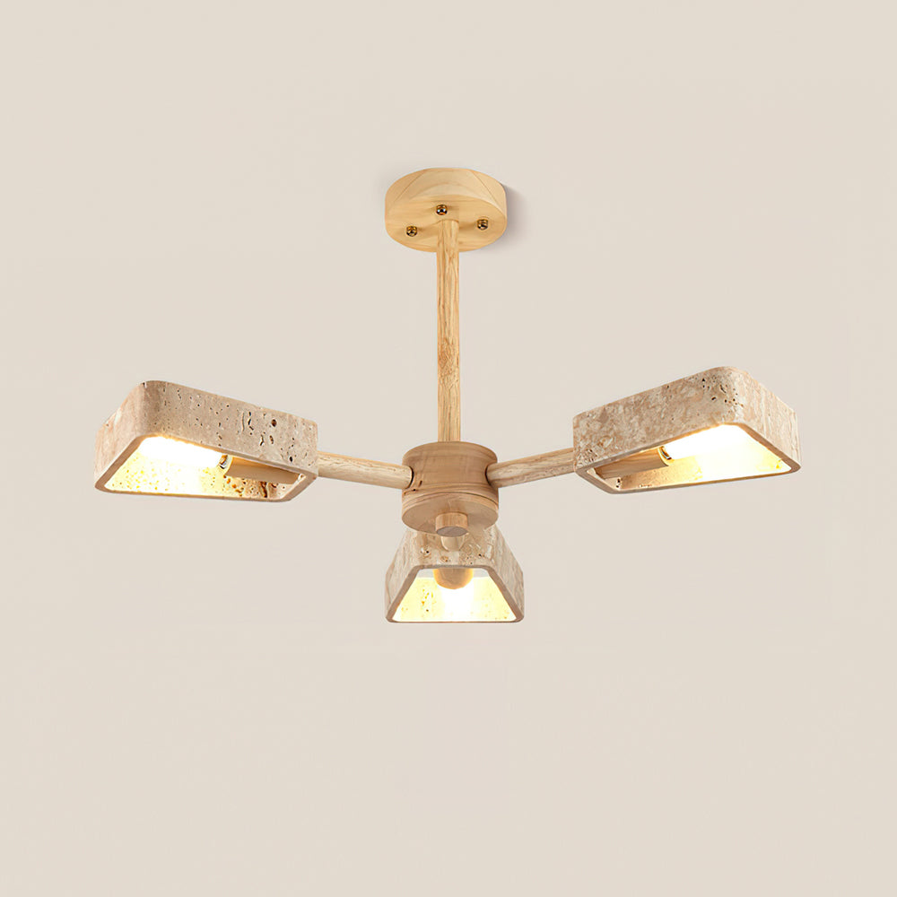 Elodie Stone Chandelier, Travertine Shades with Wooden Frame