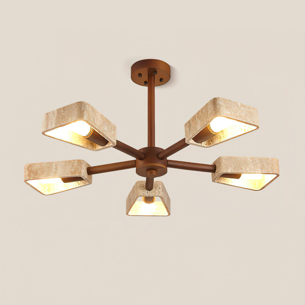 Elodie Stone Chandelier, Travertine Shades with Wooden Frame