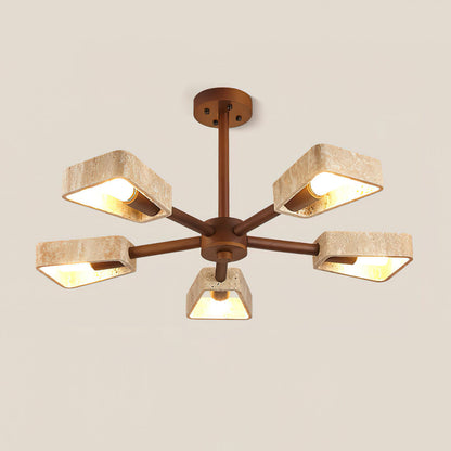Elodie Stone Chandelier, Travertine Shades with Wooden Frame
