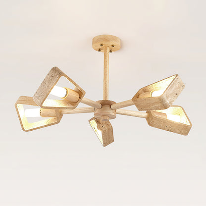 Elodie Stone Chandelier, Travertine Shades with Wooden Frame