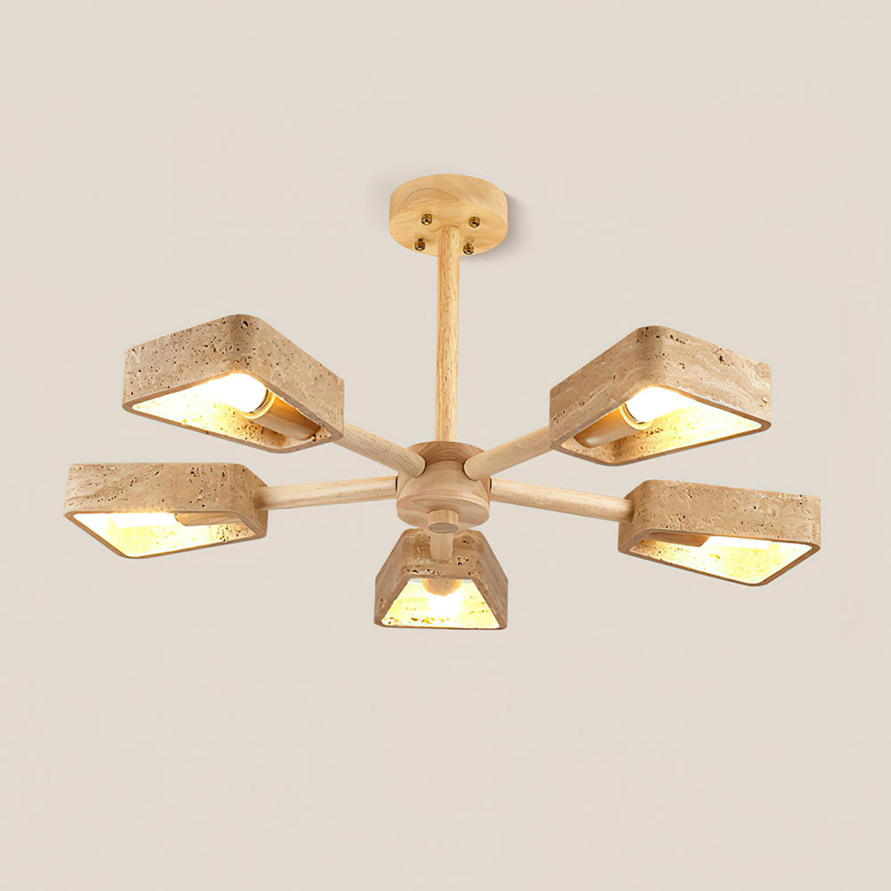 Elodie Stone Chandelier, Travertine Shades with Wooden Frame