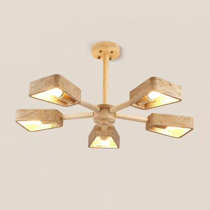 Elodie Stone Chandelier, Travertine Shades with Wooden Frame