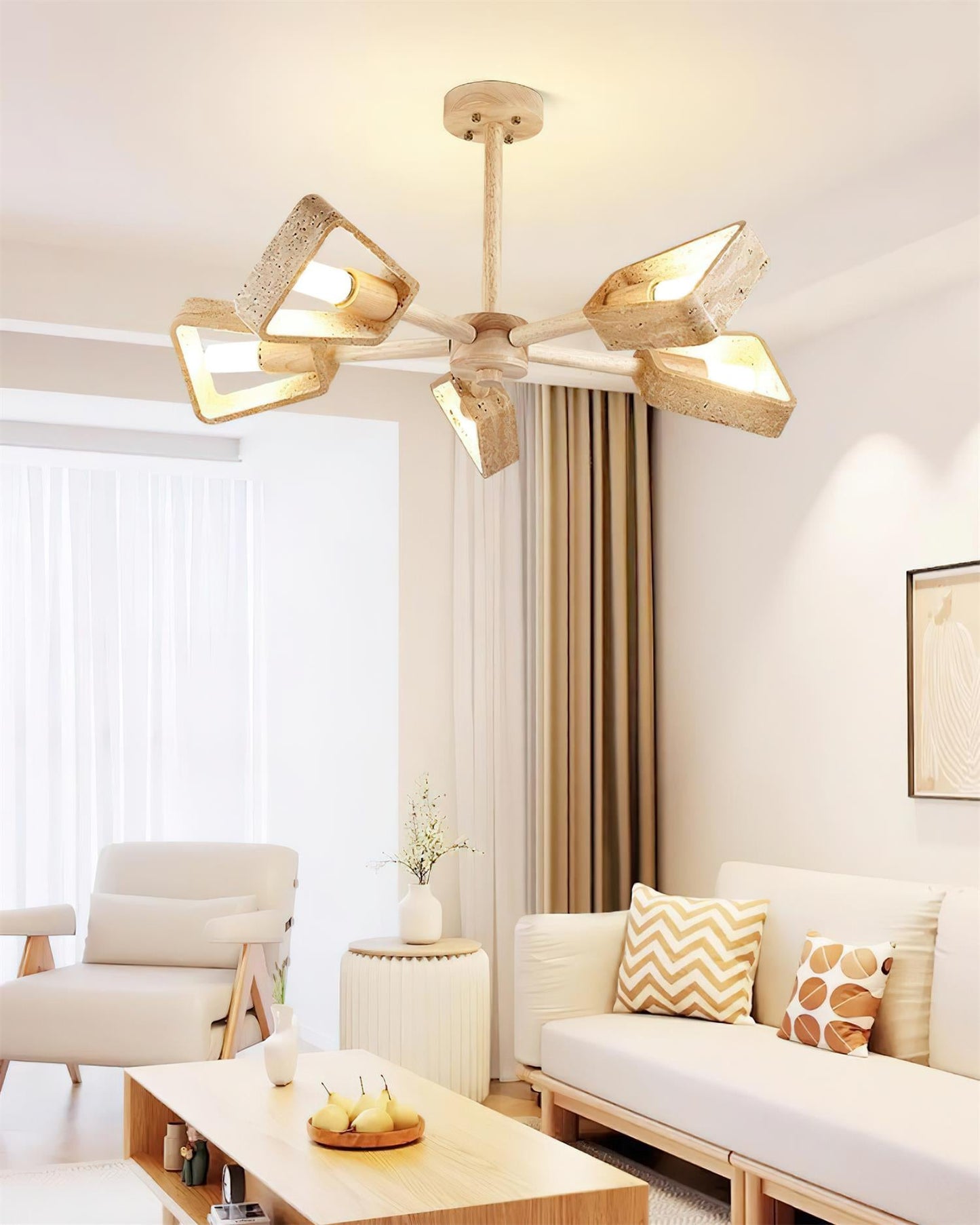 Elodie Stone Chandelier, Travertine Shades with Wooden Frame