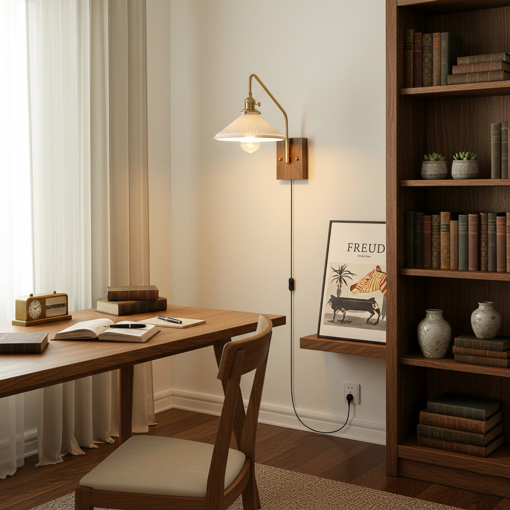 Amélie Retro Plug-In Wall Lamp with Walnut and Glass Design