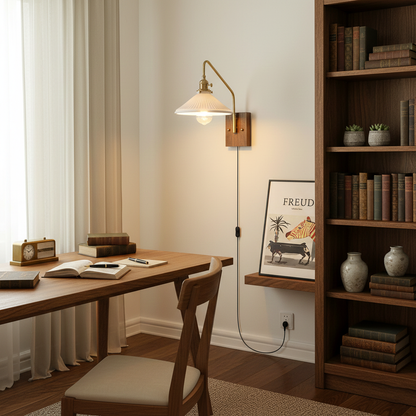 Amélie Retro Plug-In Wall Lamp with Walnut and Glass Design