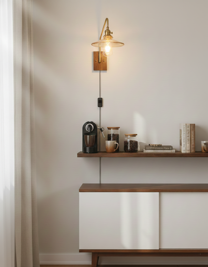 Amélie Retro Plug-In Wall Lamp with Walnut and Glass Design
