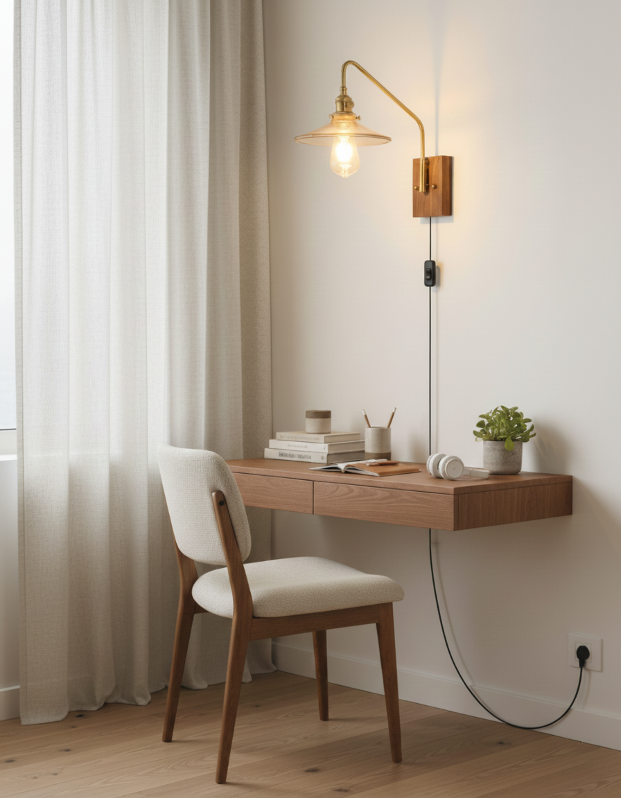 Amélie Retro Plug-In Wall Lamp with Walnut and Glass Design