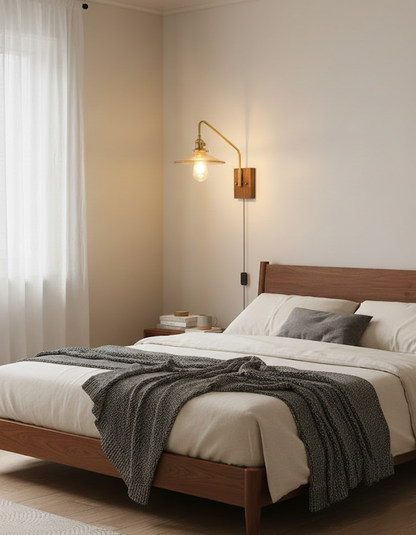 Amélie Retro Plug-In Wall Lamp with Walnut and Glass Design
