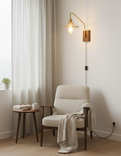Amélie Retro Plug-In Wall Lamp with Walnut and Glass Design