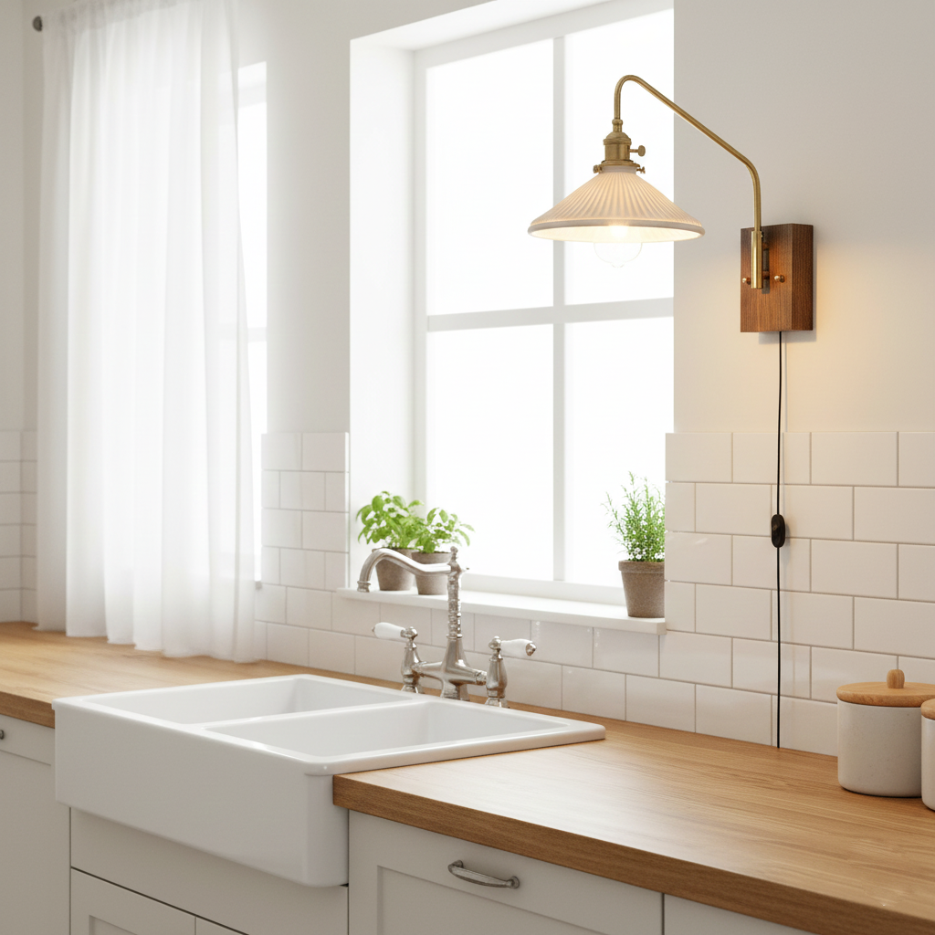 Amélie Retro Plug-In Wall Lamp with Walnut and Glass Design