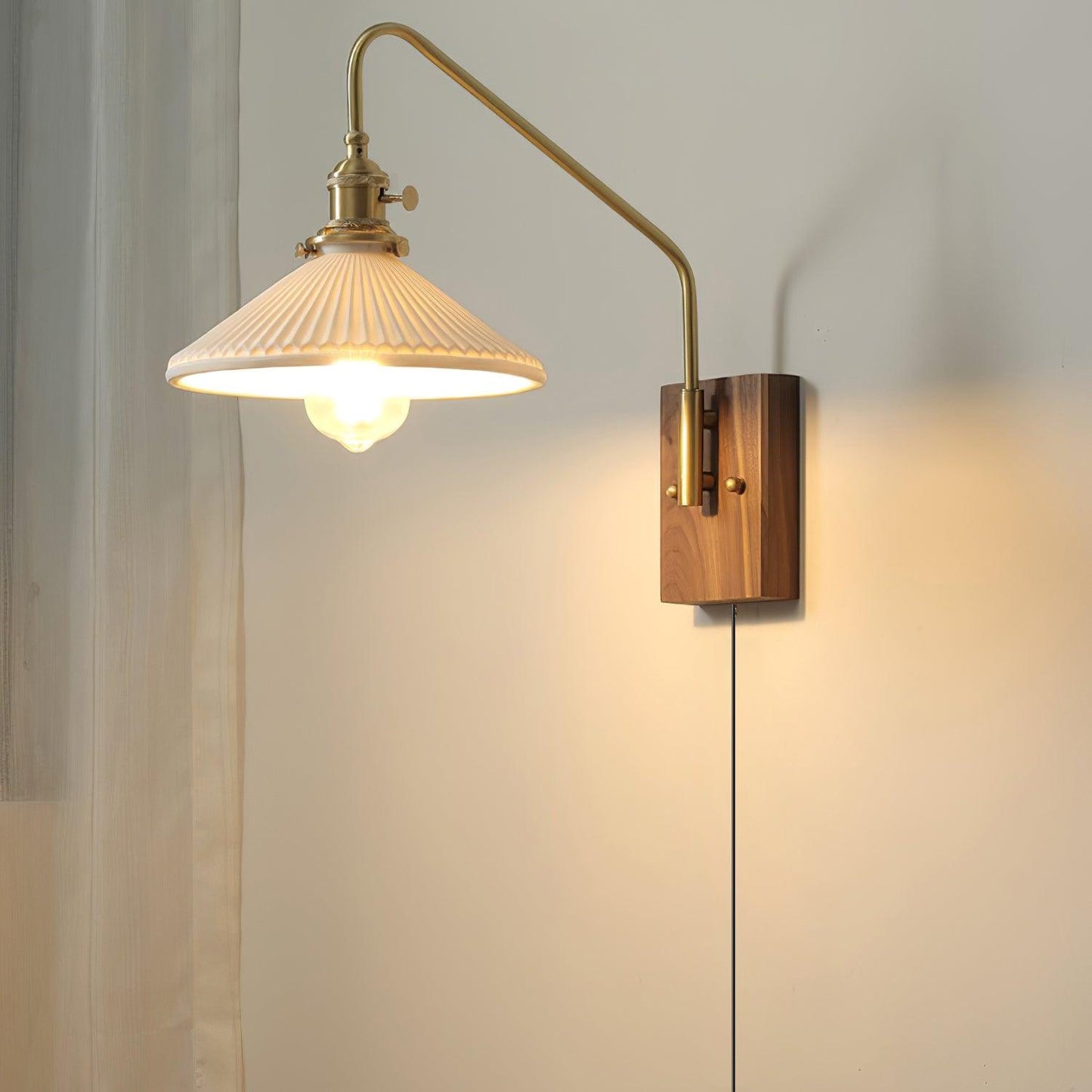 Amélie Retro Plug-In Wall Lamp with Walnut and Glass Design