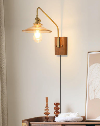 Amélie Retro Plug-In Wall Lamp with Walnut and Glass Design