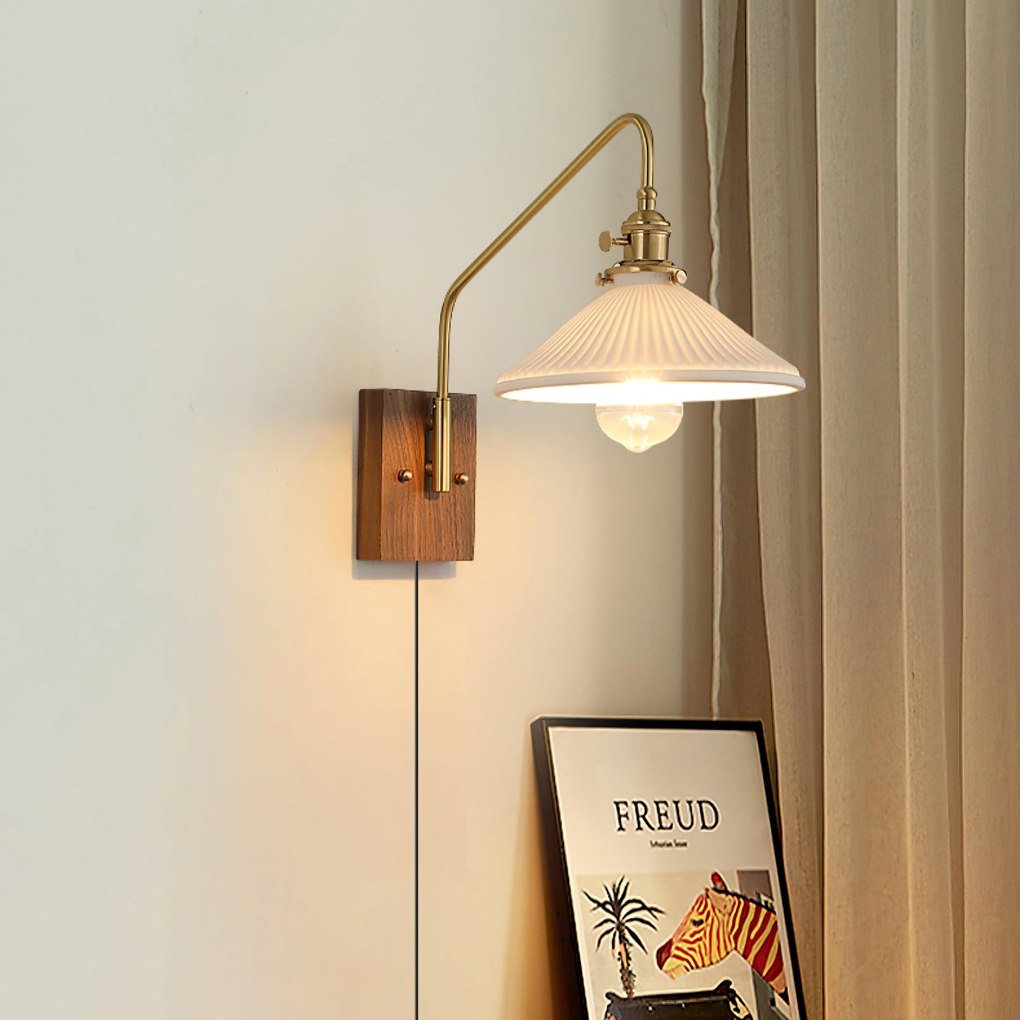 Amélie Retro Plug-In Wall Lamp with Walnut and Glass Design