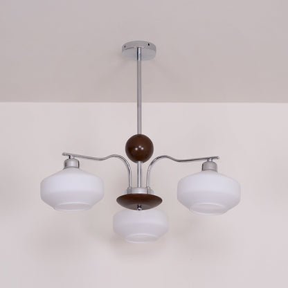 Béatrice Retro Chandelier, Glass Shades with Wood and Metal Frame