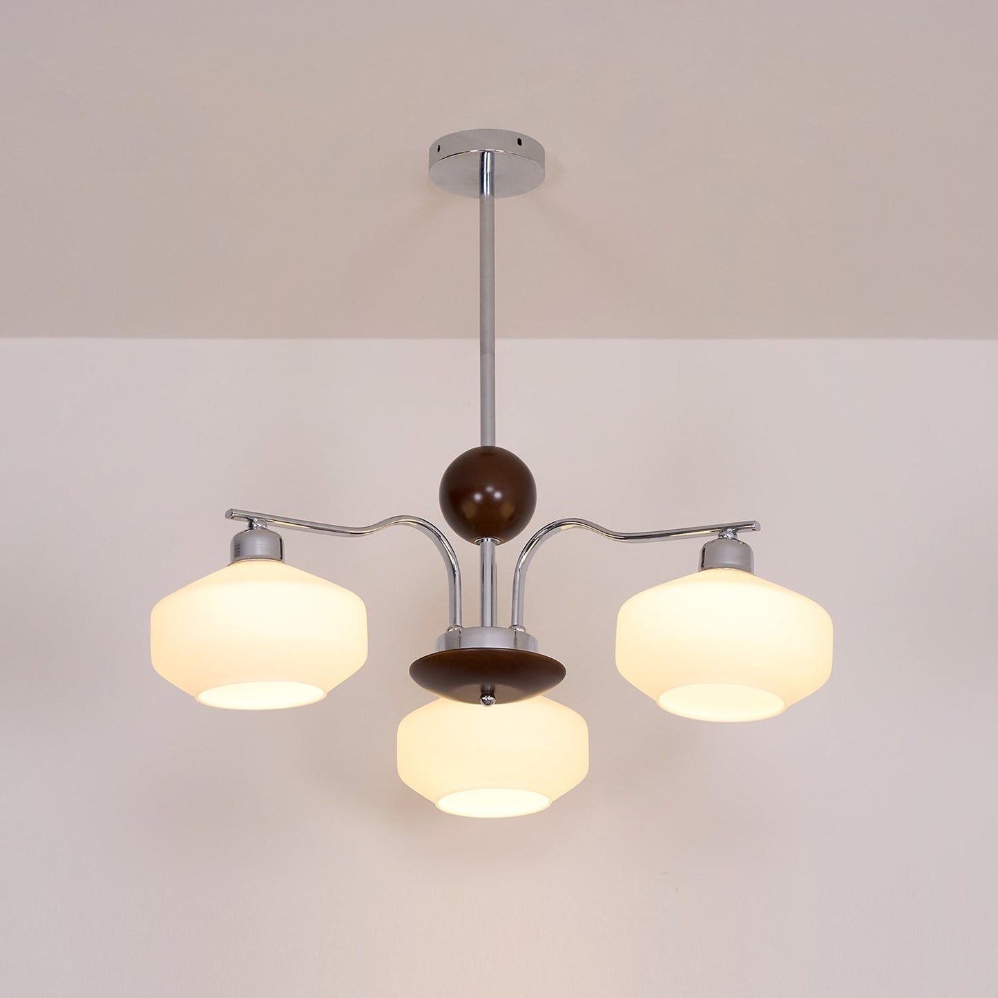 Béatrice Retro Chandelier, Glass Shades with Wood and Metal Frame