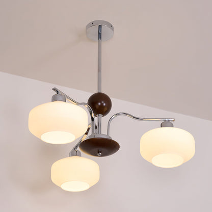 Béatrice Retro Chandelier, Glass Shades with Wood and Metal Frame