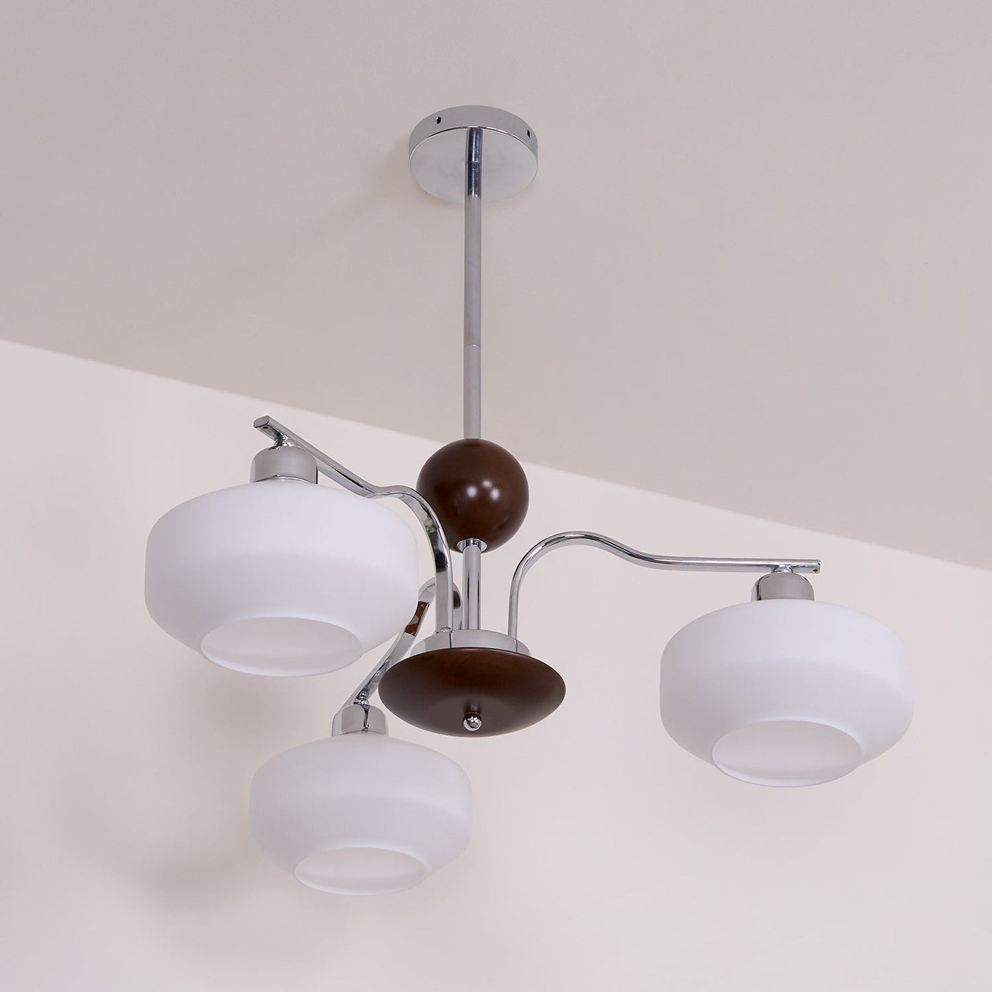Béatrice Retro Chandelier, Glass Shades with Wood and Metal Frame