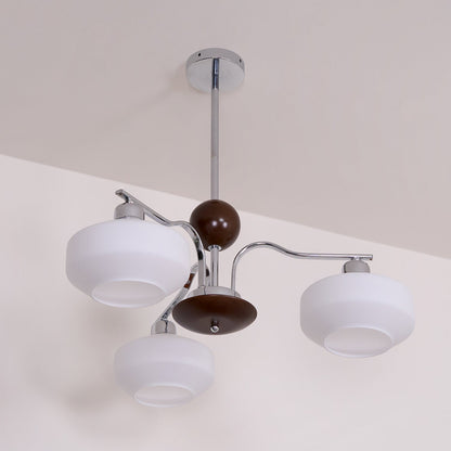 Béatrice Retro Chandelier, Glass Shades with Wood and Metal Frame